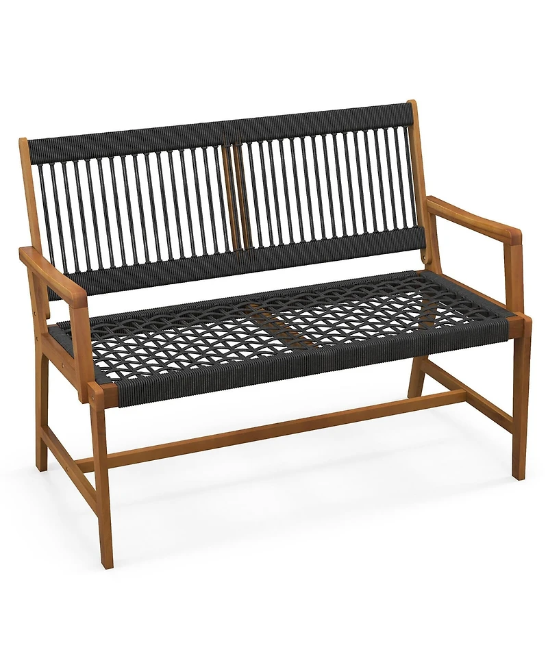Gymax Patio 2-Person Acacia Wood Bench All-Weather Rope Woven Outdoor Garden