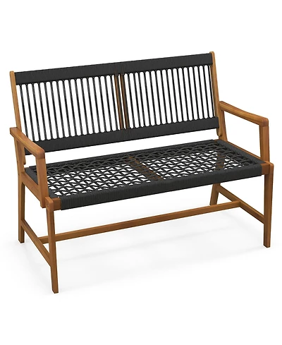 Gymax Patio 2-Person Acacia Wood Bench All-Weather Rope Woven Outdoor Garden