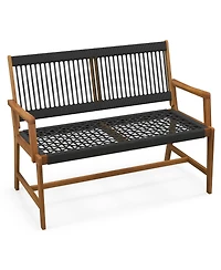 Gymax Patio 2-Person Acacia Wood Bench All-Weather Rope Woven Outdoor Garden