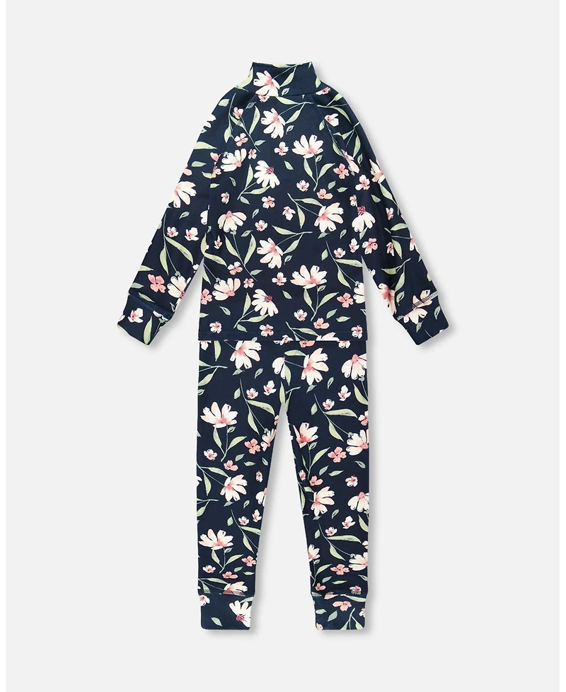 Deux par Girl Two-Piece Thermal Underwear Set Navy Flower Print - Toddler|Child