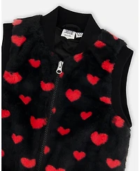 Deux par Girl Faux Fur Sleeveless Vest Black and Red with Hearts - Child