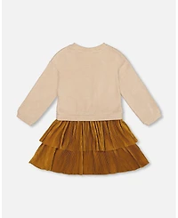 Deux par Toddler Girls Bi-Material Dress Caramel Brown with Layered Skirt - Toddler|Child