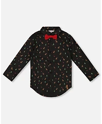 Deux par Baby Boy Printed Poplin Shirt Black and Multicolor with Bow Tie