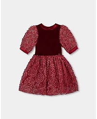 Deux par Girl Puff Sleeve Bi-Material Velour and Lace Dress Red
