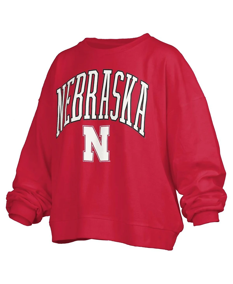 Pressbox Women's Scarlet Nebraska Huskers Janise Arch Over Logo Waist Length Oversized Pullover Sweatshirt