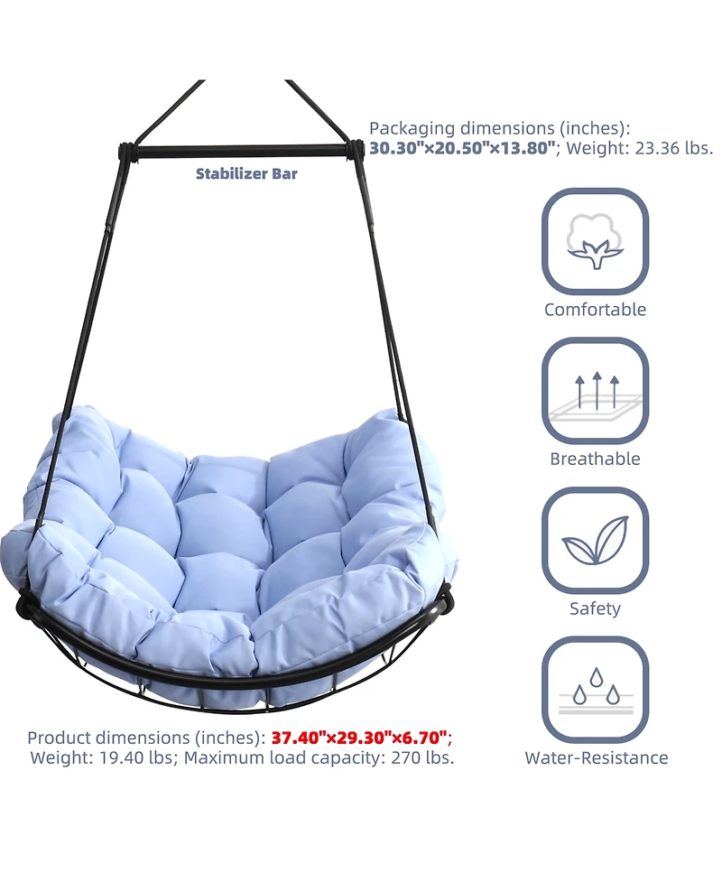 Flynama Hammock Chair Swing with Cushion - Outdoor Indoor Hanging Hammock Chair for Patio, Porch, Bedroom, Garden, Courtyard, Balcony