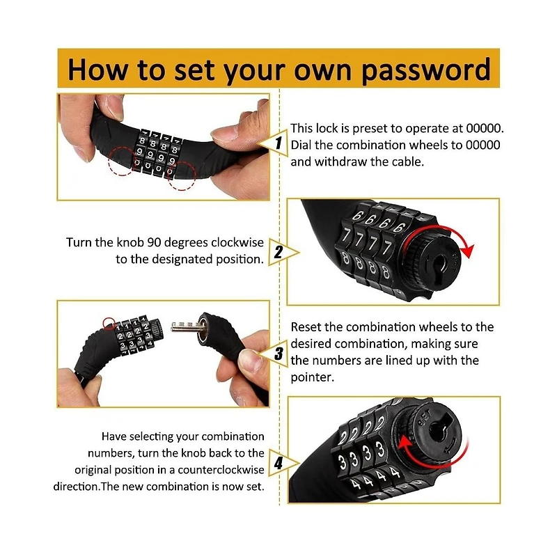Bike Lock 4 Digit Resettable Combination Cable for Bicycle, 2 Feet x 1/2 Inch