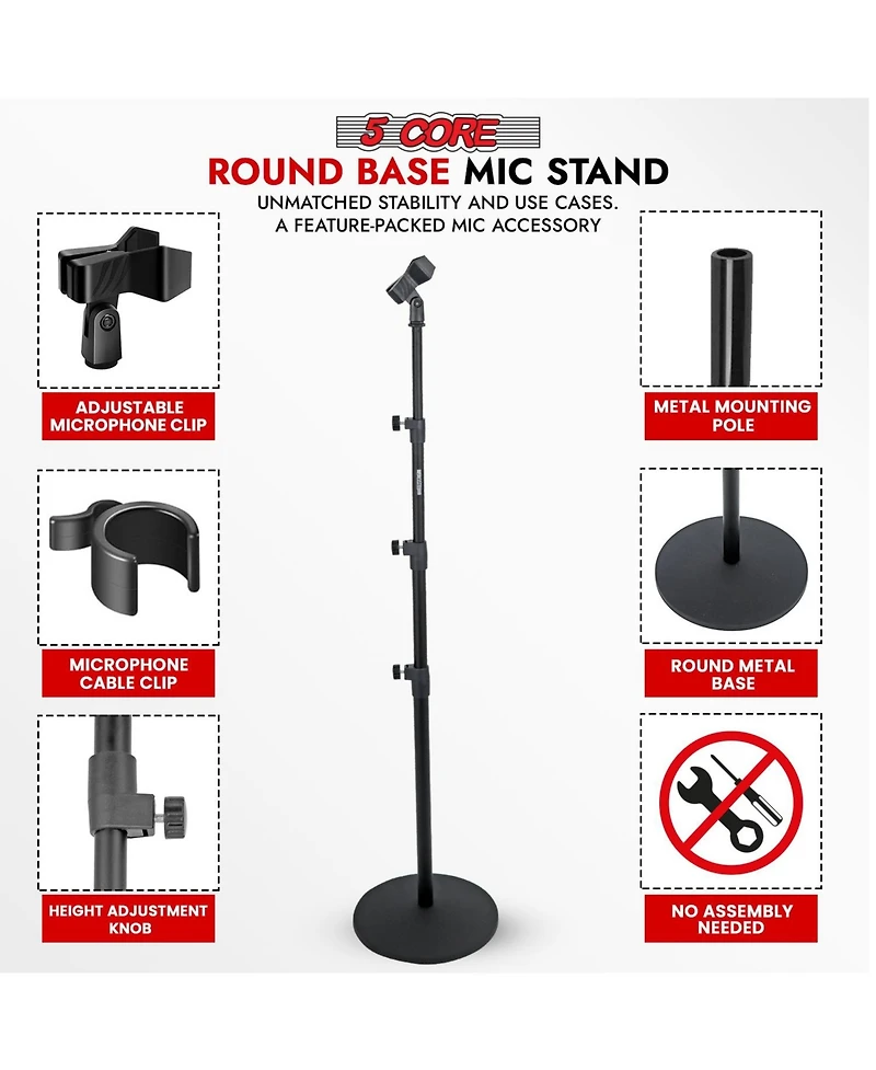 5 Core Mic Stand Floor Pair Adjustable Heavy Weight Microphone Stands Round Base