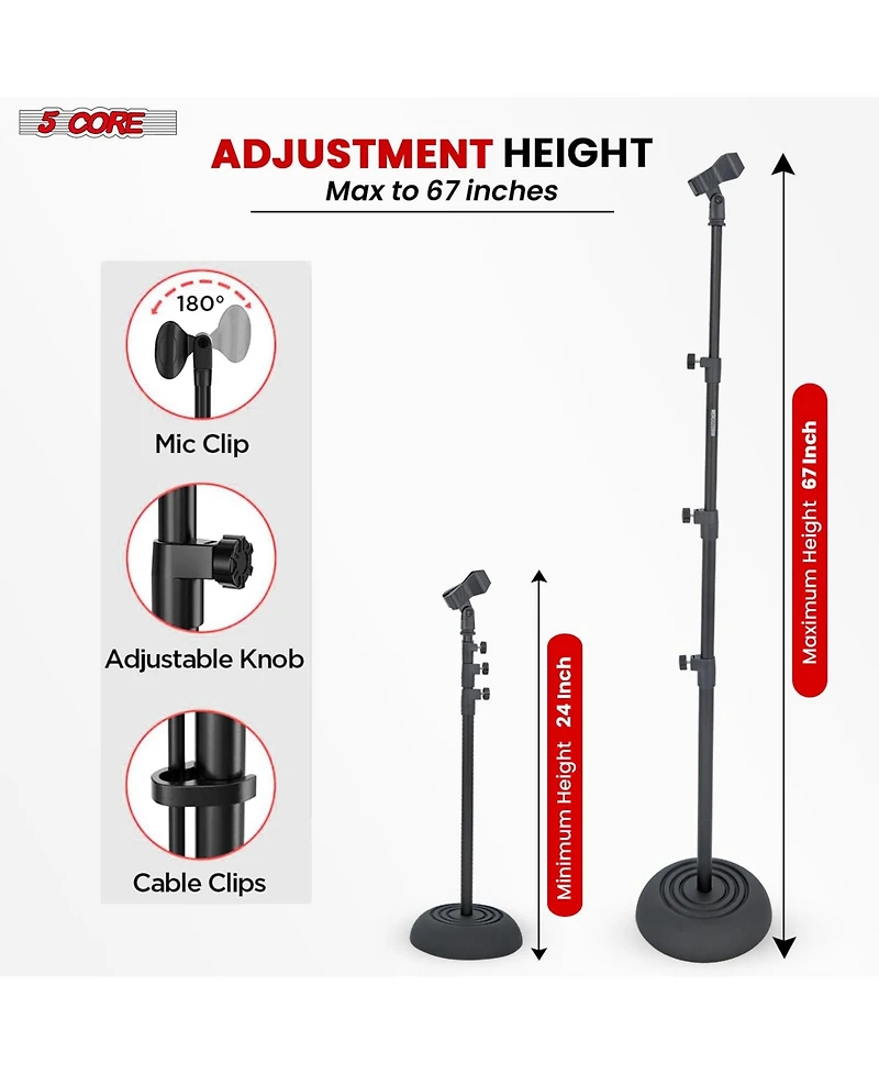 5Core Mic Stand Pair Floor Adjustable Universal Heavy Duty Microphone Stands Round Base Soporte De micrA fono
