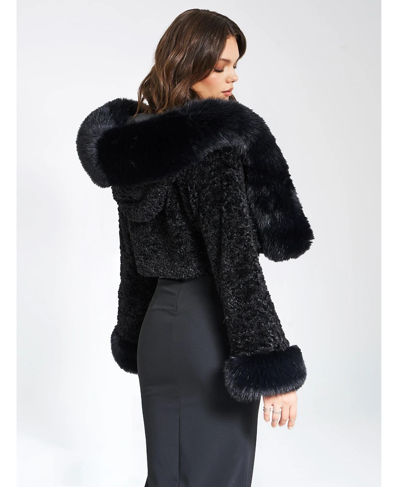 Miss Circle Women's Kali Black Cropped Faux Fur Jacket With Hood