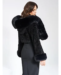 Miss Circle Women's Kali Black Cropped Faux Fur Jacket With Hood