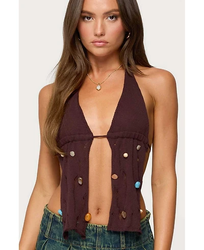 Edikted Women's Beaded Distressed Knit Split Front Top