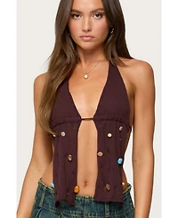 Edikted Women's Beaded Distressed Knit Split Front Top