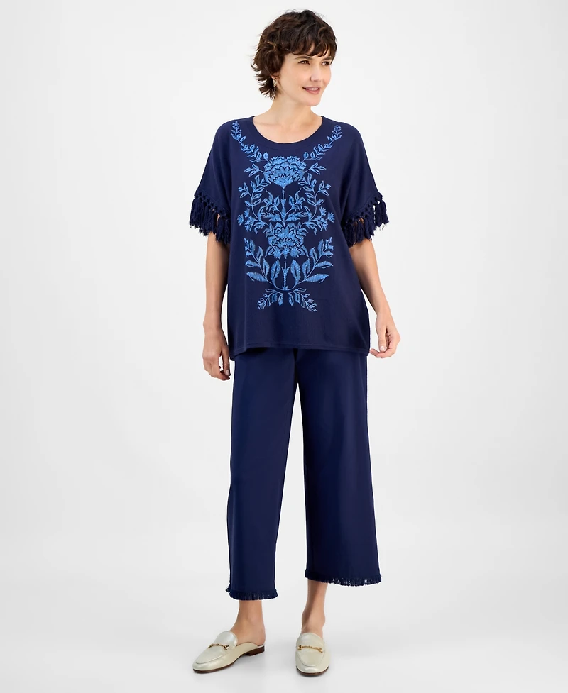 Jm Collection Petite Antique-Like Blooms Floral Pull-On Poncho Sweater