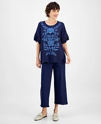 Jm Collection Petite Antique-Like Blooms Floral Pull-On Poncho Sweater