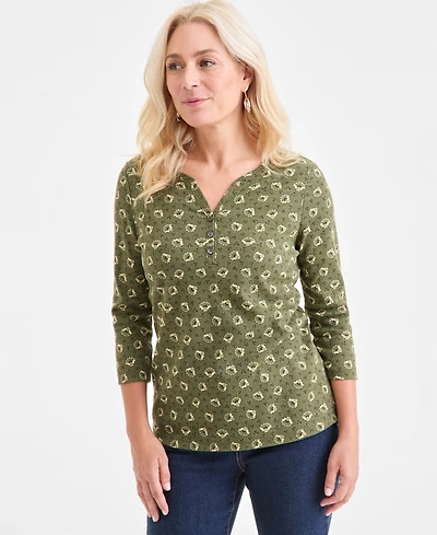 Style & Co Women's Printed 3/4-Sleeve Henley Top, Macy's Exclusive
