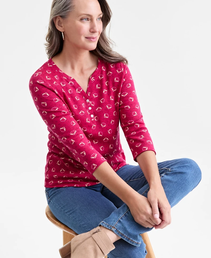 Style & Co Women's Printed 3/4-Sleeve Henley Top
