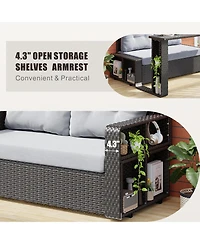 Vlsrka Convertible Foldable Wicker Outdoor Sofa with Storage Shelves