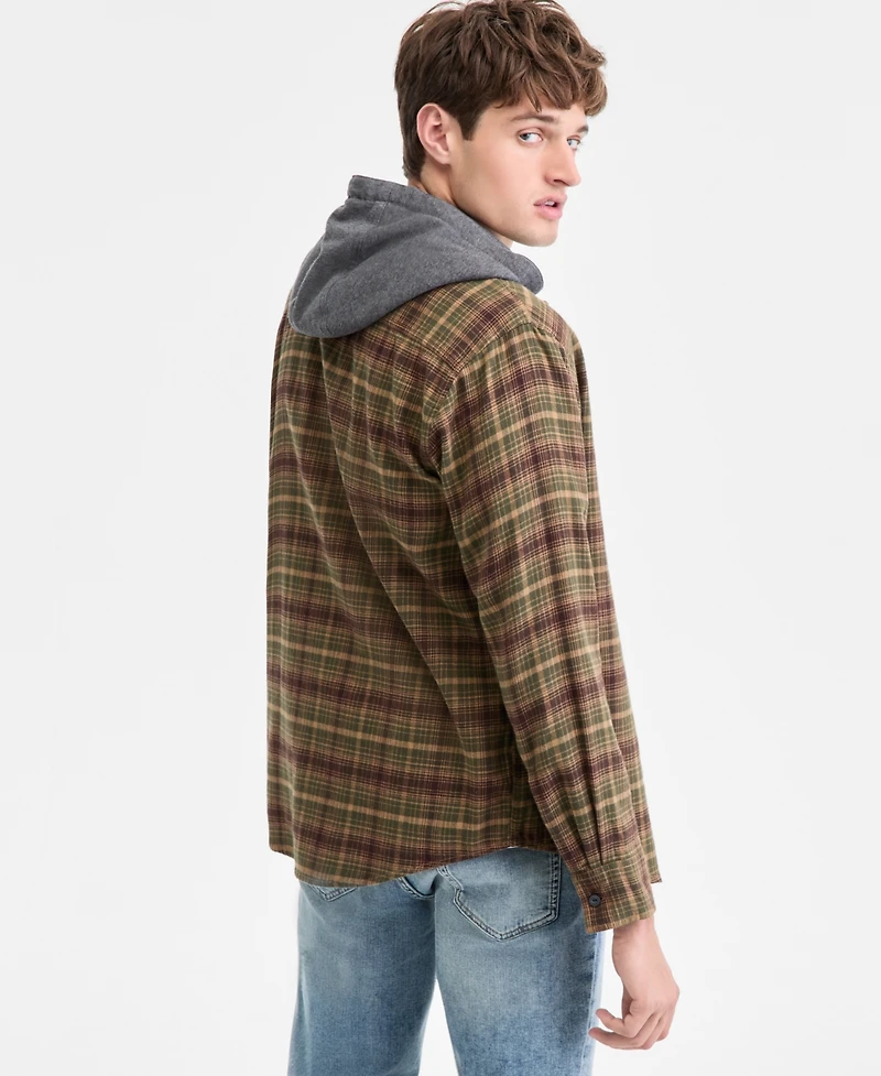 Sun + Stone Men's Russel Layered-Look Hooded Cotton Flannel Plaid Shirt, Macy's Exclusive