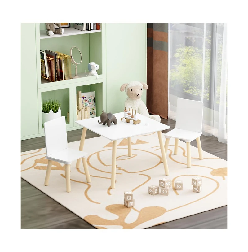Cesicia Kids Table and 2 Chairs Set, 3 Pieces Toddler Table and Chair Set, Wooden Activity Play Table Set (White)