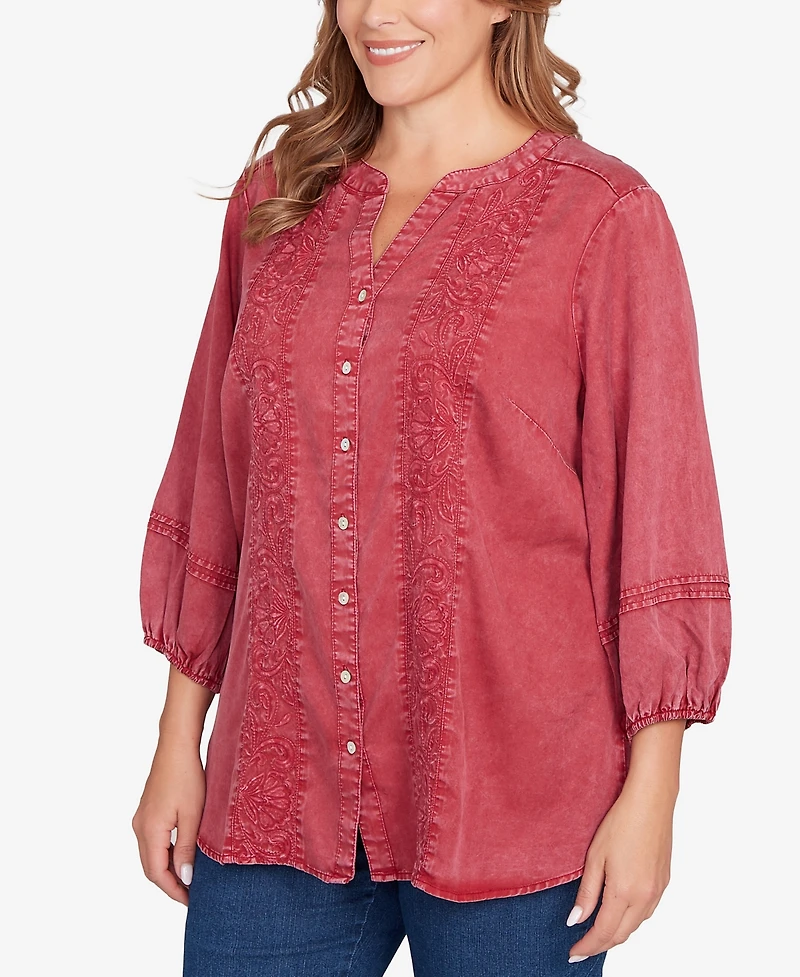 Ruby Rd. Plus Artisan Embroidered Button Front Top