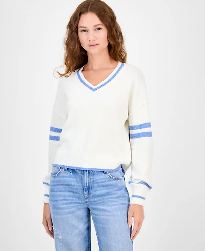 Freshman Juniors' V-Neck Varsity Stripe Sweater