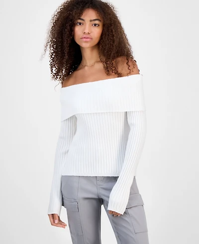 Madden Girl Juniors' Off-The-Shoulder Rib-Knit Sweater