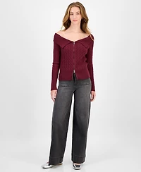 Hooked Up by Iot Juniors' Spread-Collar Cable-Knit Cardigan