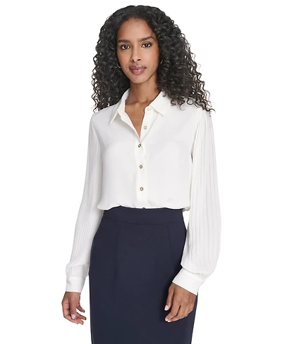 Tommy Hilfiger Women's Pleated Sleeve Button Up Blouse