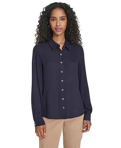Tommy Hilfiger Women's Pleated Sleeve Button Up Blouse