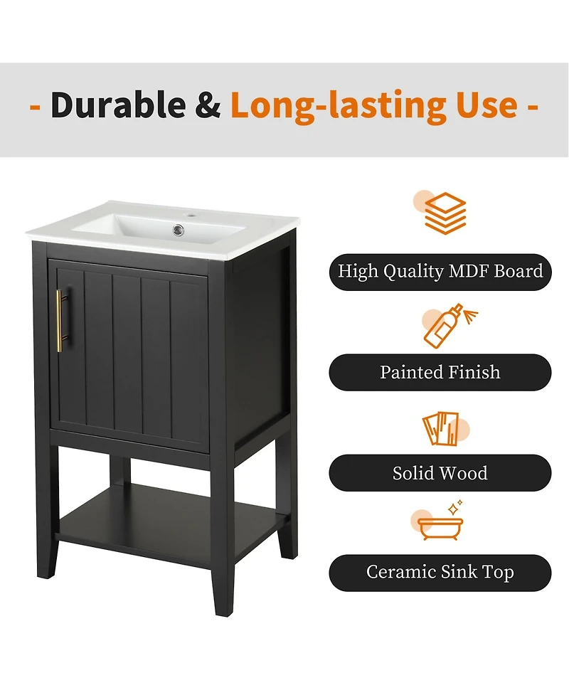 Casainc 20" Vanity with Sink and Soft-Close Door, Bathroom Cabinet with Storage Rack and Open Shelf