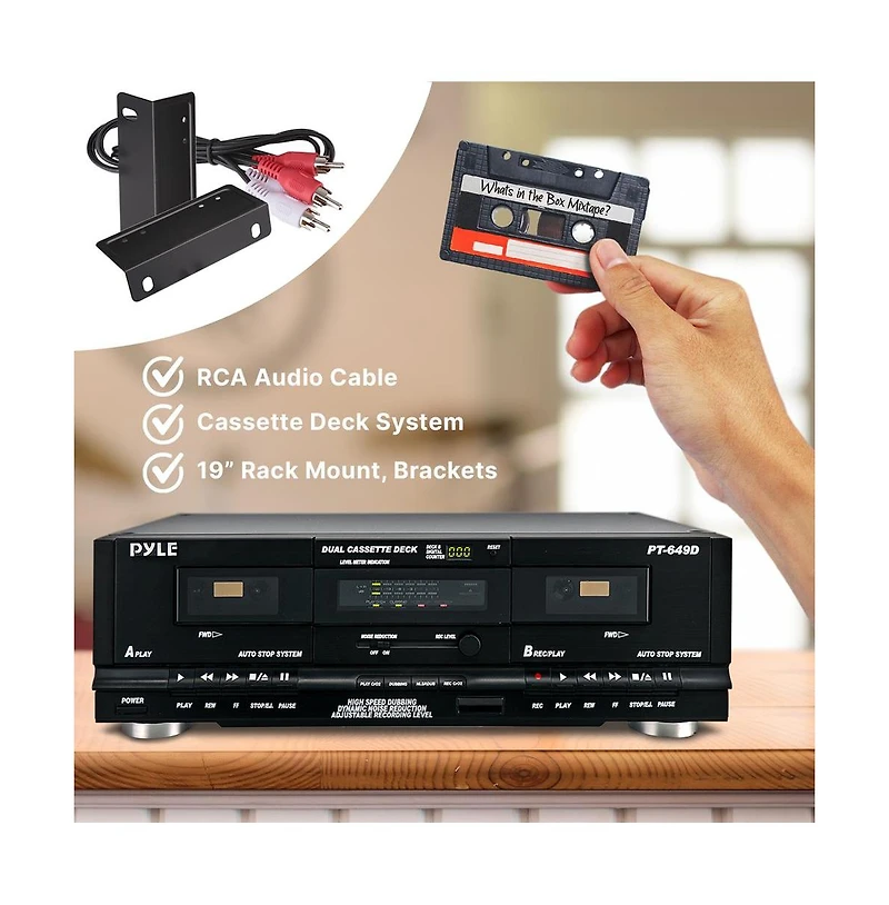 Pyle Dual Cassette Deck - Double Cassette Tape System for Mixtape Recording, CrO2 Tape Selector, High-Speed Dubbing