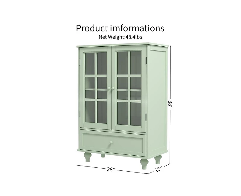 Casainc Kitchen Cabinet with Double Glass Doors and Drawer