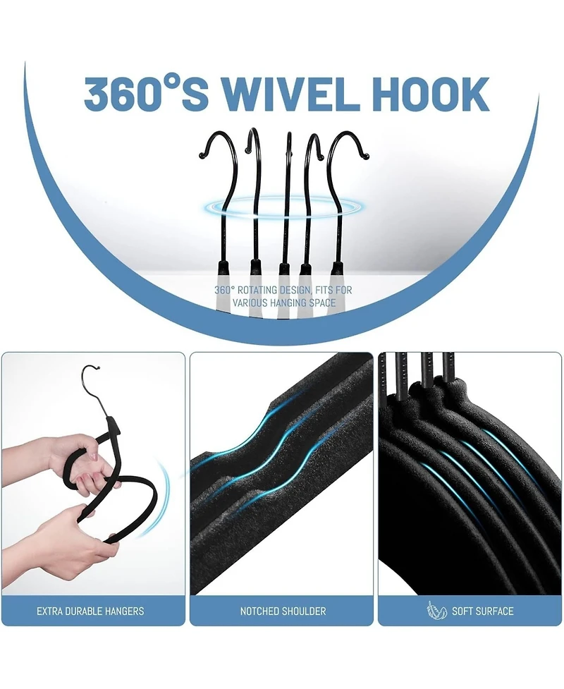 17.5 Inch Black Hook Velvet Hangers 60 Pack