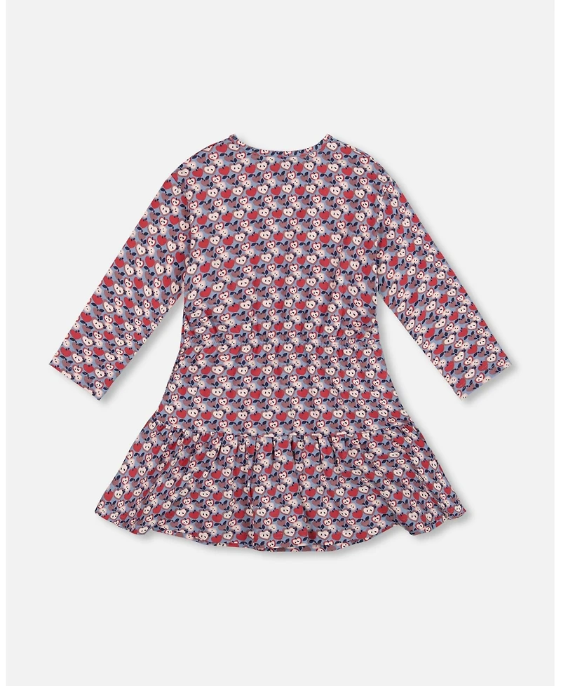 Deux par Girl Cotton Dress with Flounce Hem Blue Apple Print
