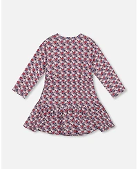 Deux par Girl Cotton Dress with Flounce Hem Blue Apple Print