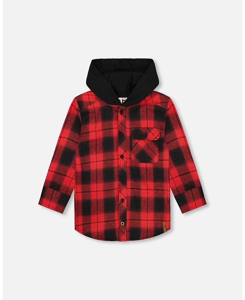 Deux par Big Boys Plaid Flannel Shirt with Hoodie Red and Black