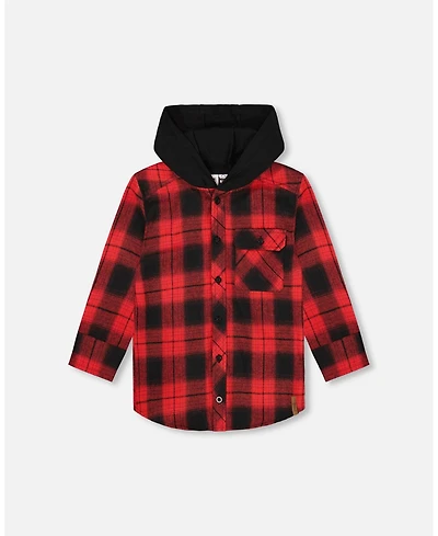 Deux par Big Boys Plaid Flannel Shirt with Hoodie Red and Black