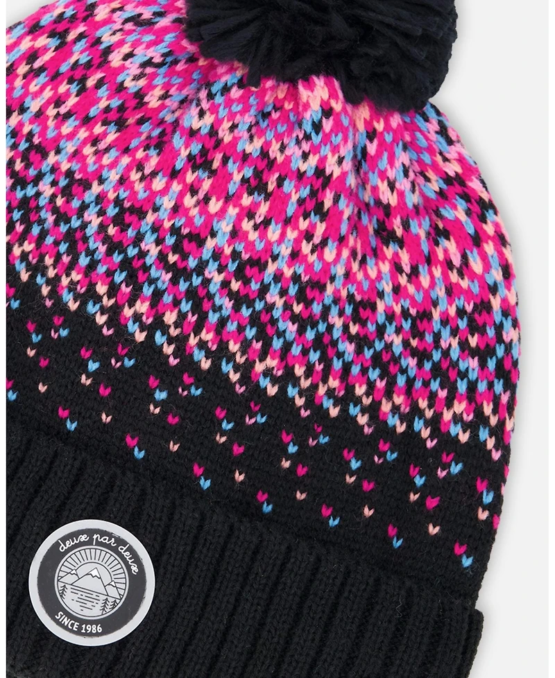 Deux par Girl Lined Knit Pompom Hat Black and Pink - Toddler|Child