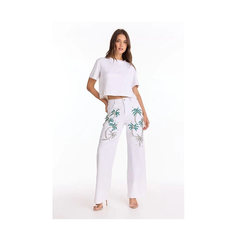 The Noli Shop Women's Crystal Palm High Rise Jean - White