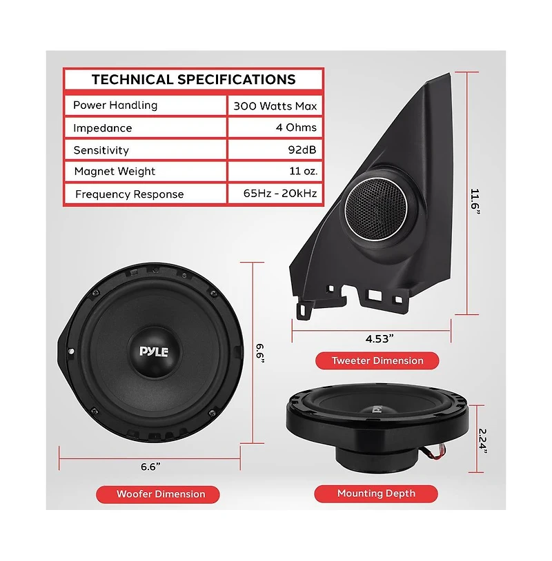 Pyle Two-Way Component Speaker Systems, 6.5'' for 2006-Up Honda Civic, 300 Watts, 4 Ohm Impedance (Pair)