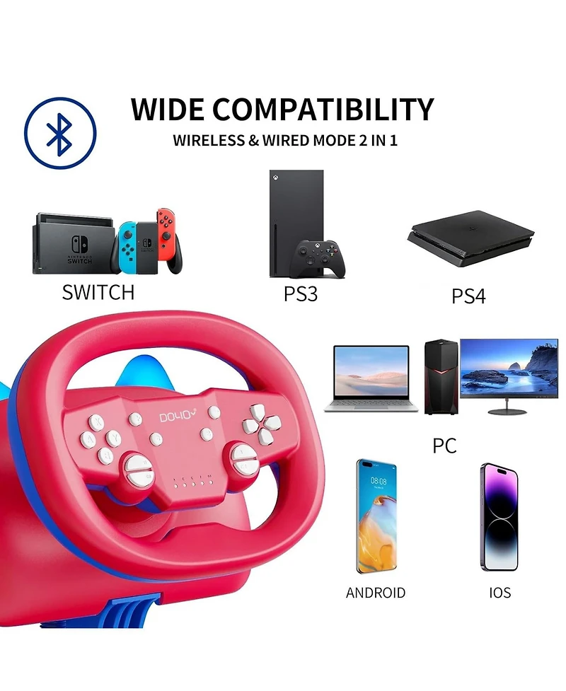 Nbcp Gaming Racing Wheel, Wireless Steering Wheel for Nintendo Switch, Pc, PS4/PS3, iOS, Android - Vibration, Led Lights, Adjustable Sensitivity