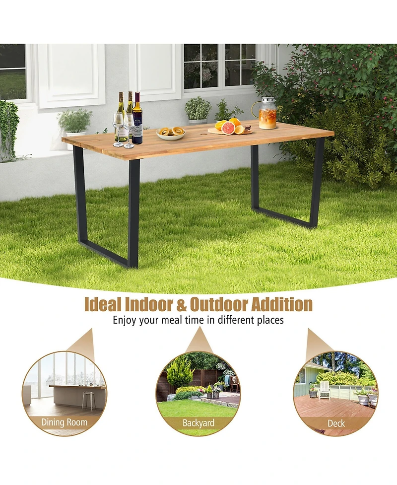 Gymax Patio Rectangle Dining Table Acacia Wood with 2'' Umbrella Hole Indoor and Outdoor Deck