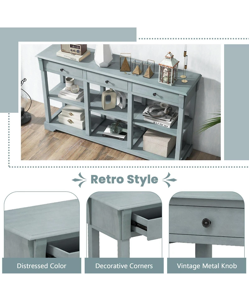 Volenca 58" Retro Console Table with 3 Drawers and Open Shelves Rectangular Entryway Table