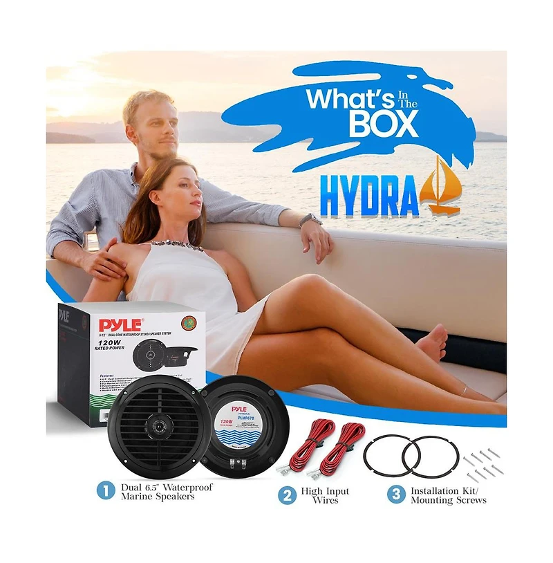 Pyle Dual 6.5'' Waterproof Marine Speakers, Full Range Stereo Sound, 120 Watt, Black