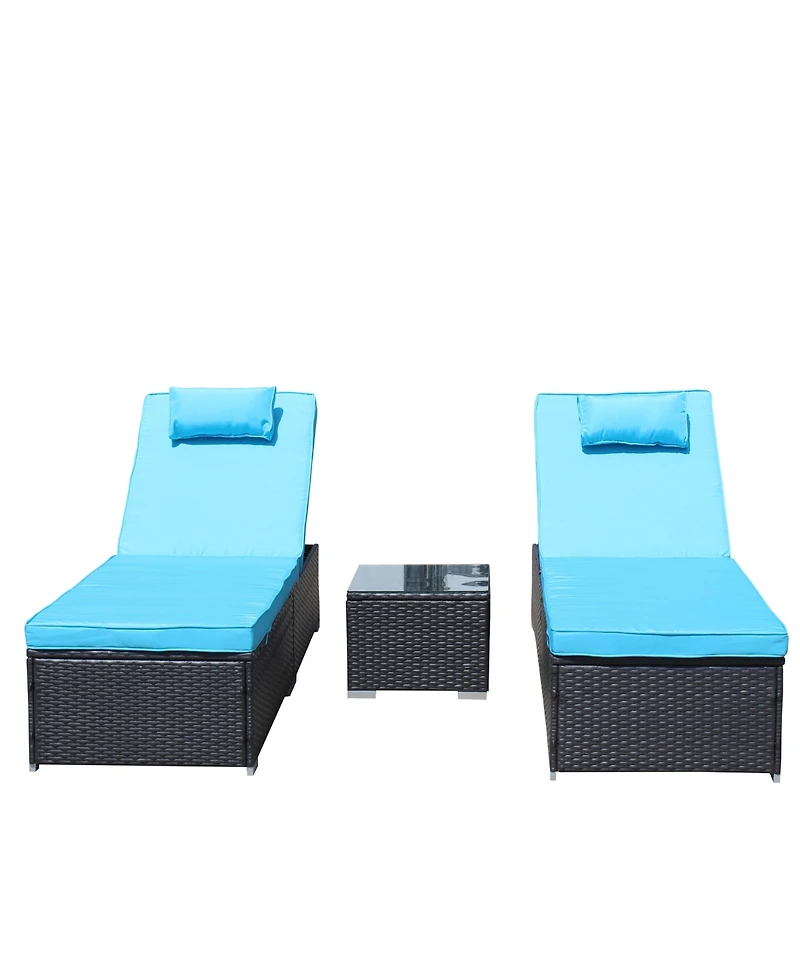 Flynama 3-Piece Outdoor Patio Furniture Set Chaise Lounge, Patio Reclining Rattan Lounge Chair Chaise Couch Cushioned with Glass Coffee Table