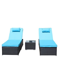 Flynama 3-Piece Outdoor Patio Furniture Set Chaise Lounge, Patio Reclining Rattan Lounge Chair Chaise Couch Cushioned with Glass Coffee Table