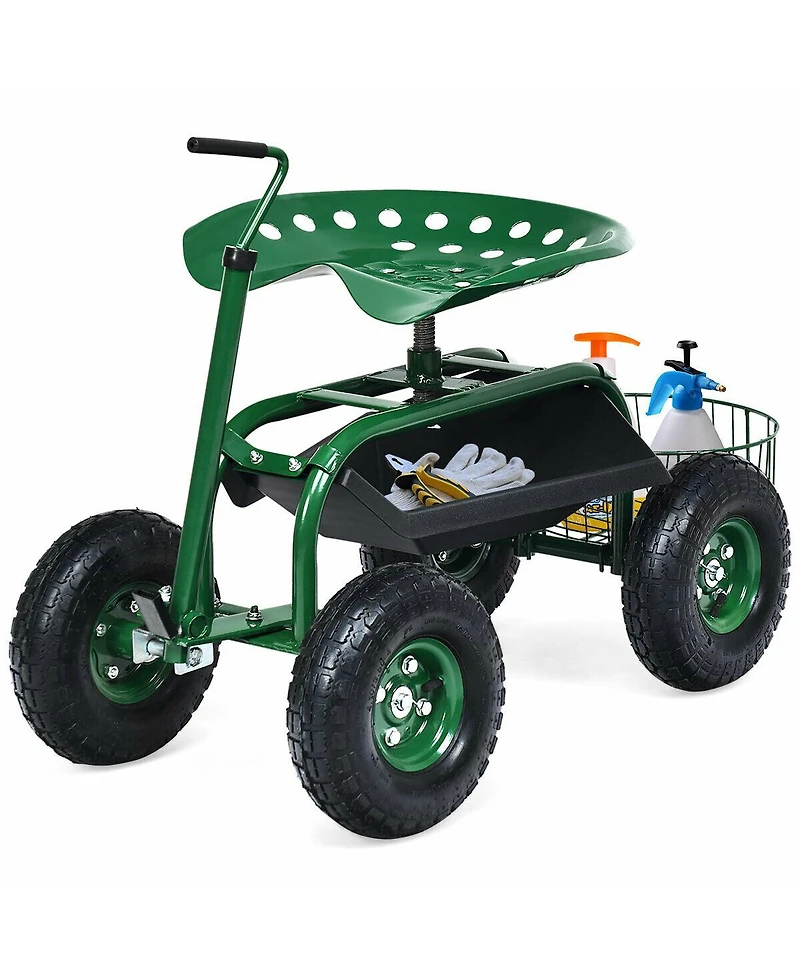 Hitway Extendable Handle Garden Cart Rolling Wagon Scooter-Green