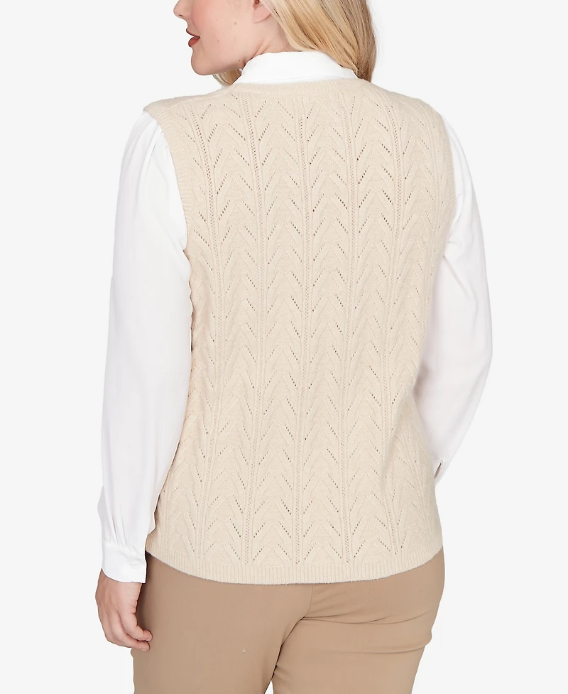 Alfred Dunner Women's Urban Legend Pointelle Texture Two One Sweater with Necklace