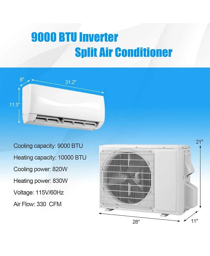 Gymax 9000BTU Mini Split Air Conditioner & Heater 19 SEER2 115V Wall Mount Ac Unit
